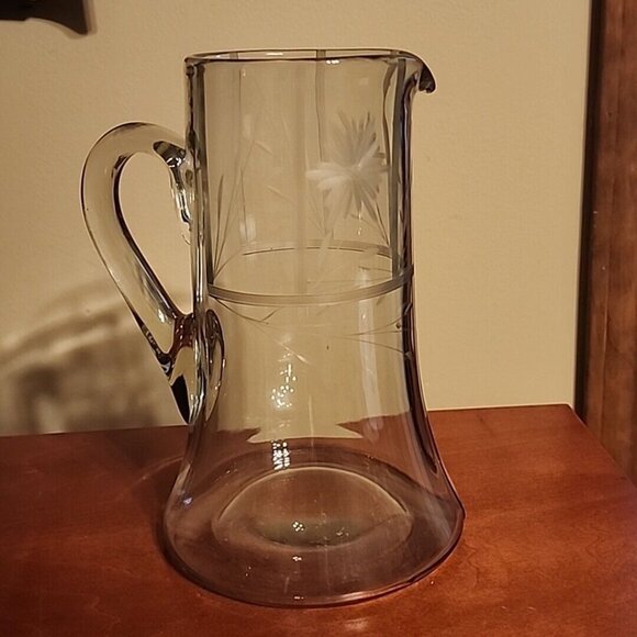 Vintage Glass Clear Pitcher Floral etched Silver Accent Heavy - Picture 2 of 12
